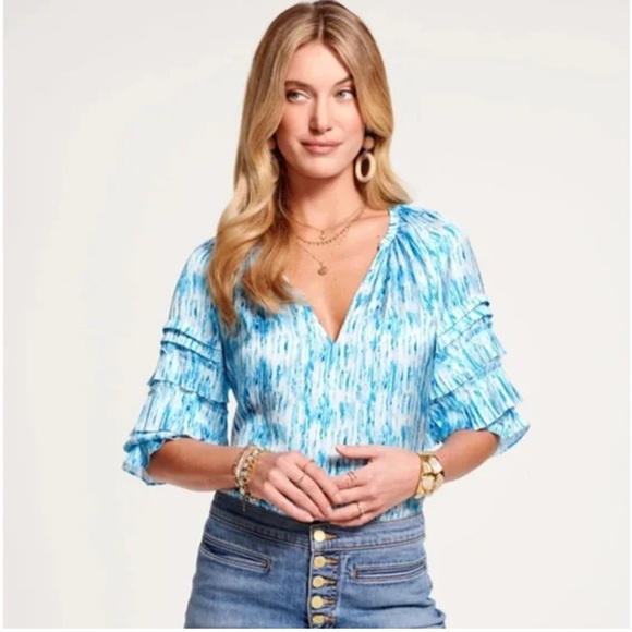 Ramy brook women’s small Claire ruffle sleeve top v neck blue patterned - Picture 1 of 6